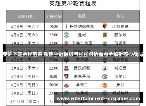 英超下轮赛程前瞻 聚焦争冠保级与强强对话看点全解析核心战局