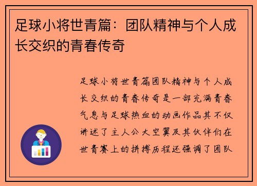 足球小将世青篇：团队精神与个人成长交织的青春传奇